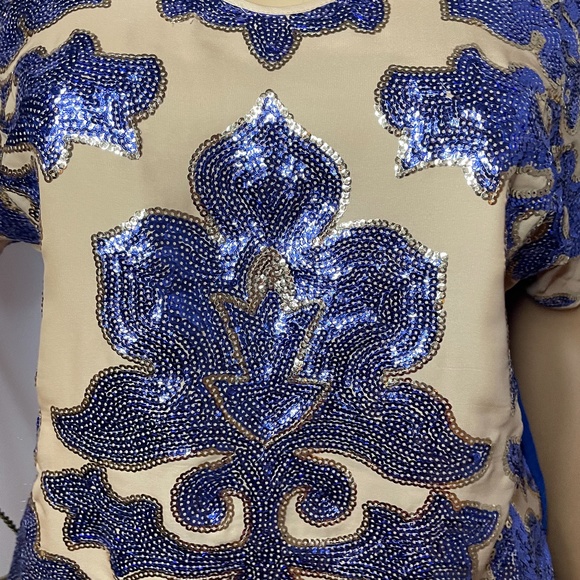 Neiman Marcus Tracy Reese blue silky back w nude front blue sequined front tunic - Picture 5 of 16